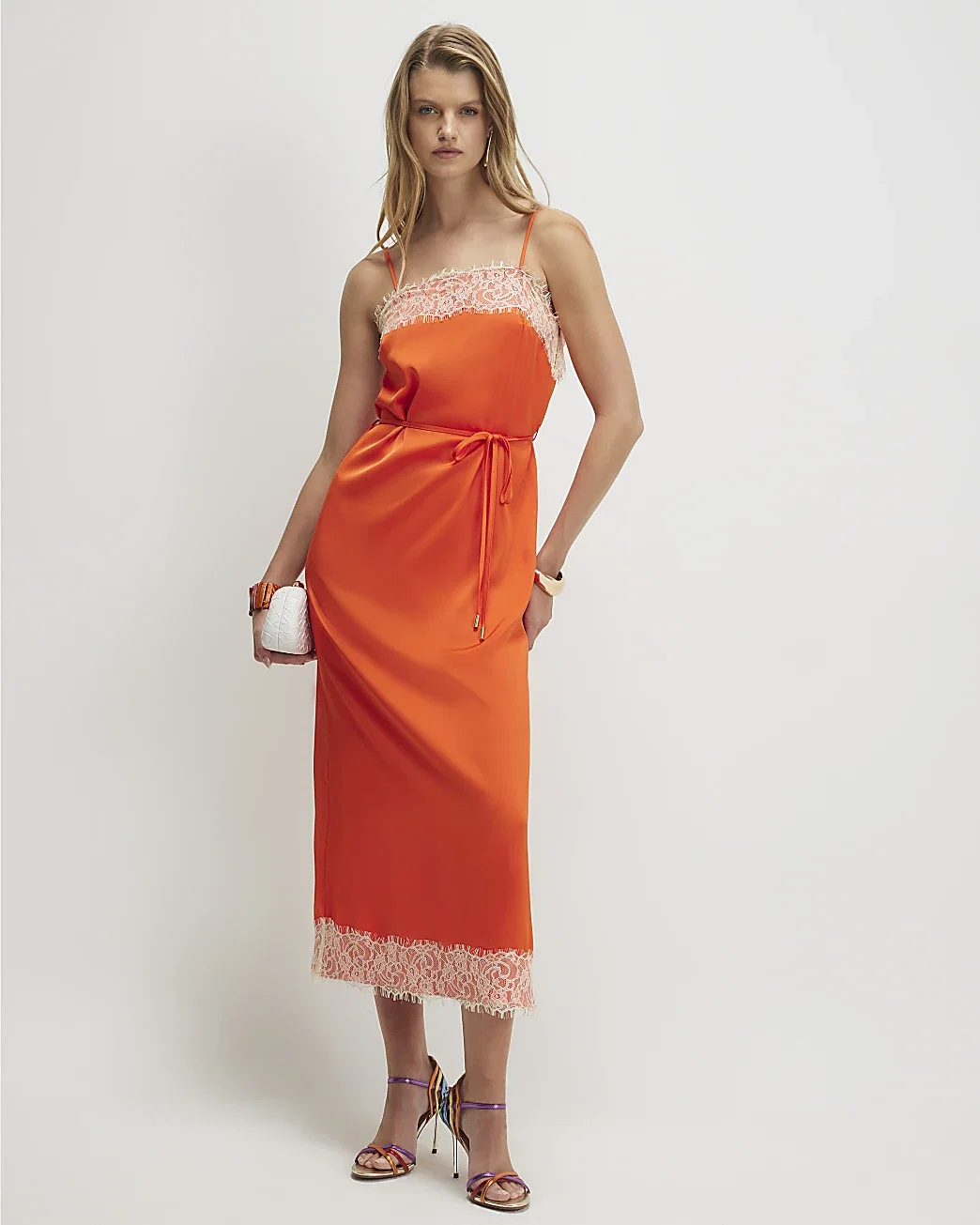 Womens Orange Lace Trim Slip Midi Dress