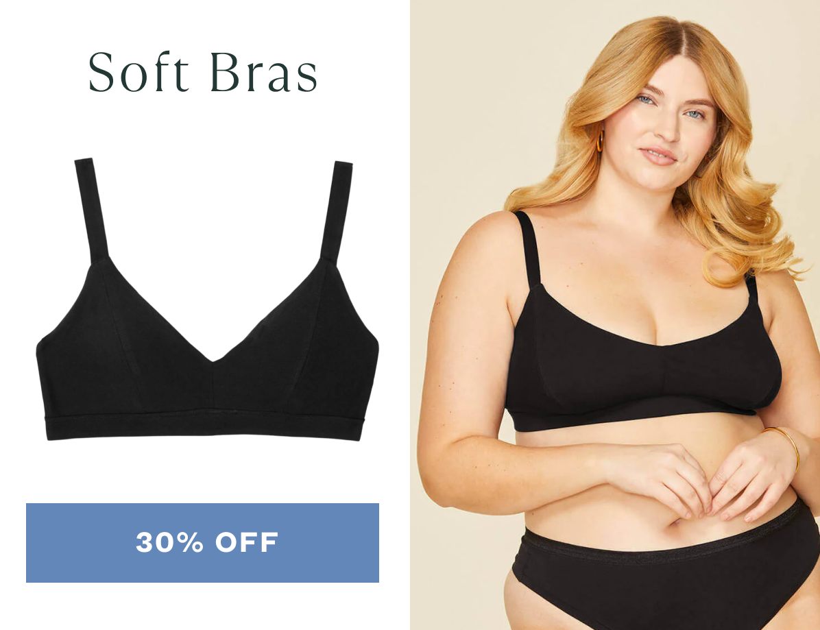 Chubby girl wearing Subset Soft Bra in black. CTA: 30% Off