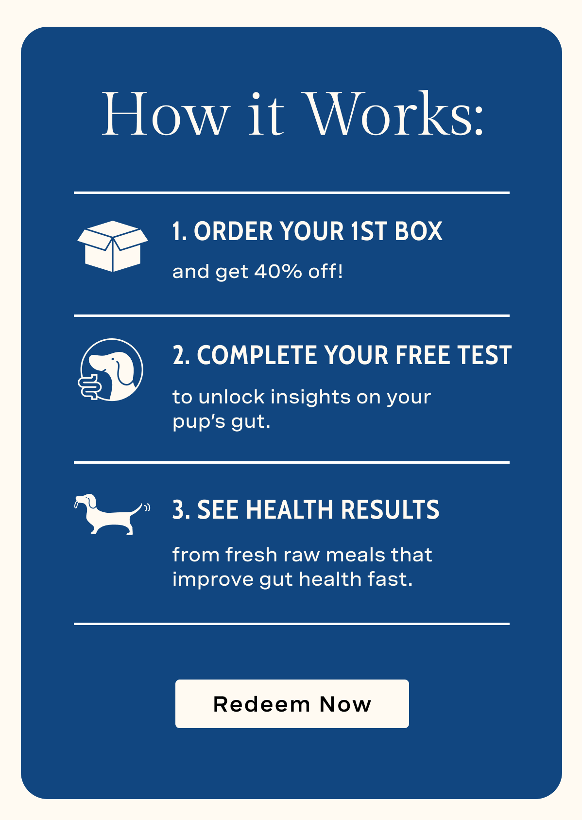 How it Works: 1. Order Your 1st Box with 40% Off; 2. Complete Your Free Test; 3. See Health REsults
