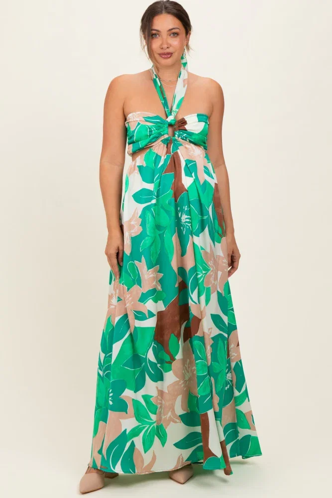 Image of Green Floral Halter Cut Out Maternity Maxi Dress
