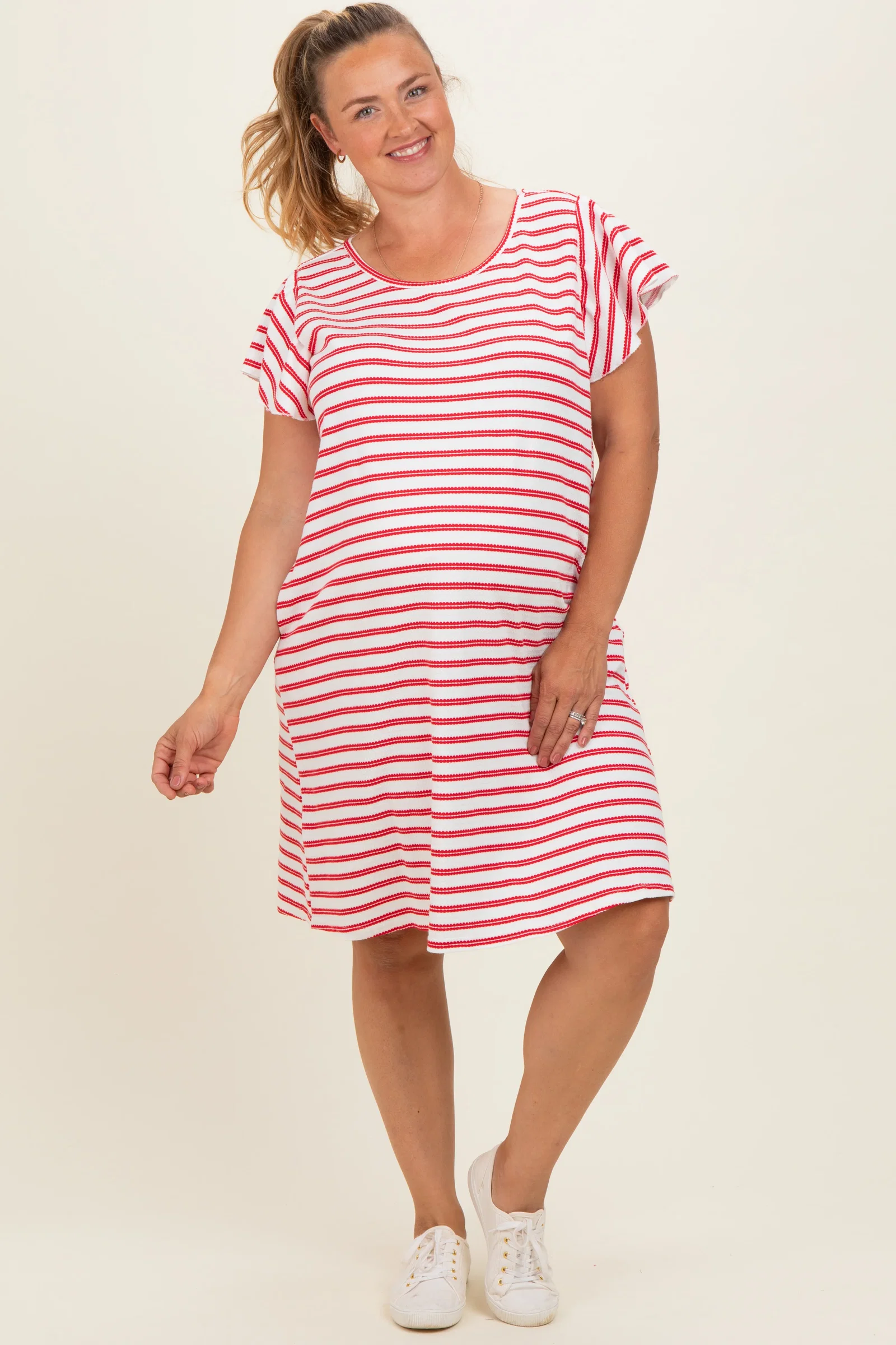 Image of Red Striped Flutter Sleeve Maternity Plus T-Shirt Dress