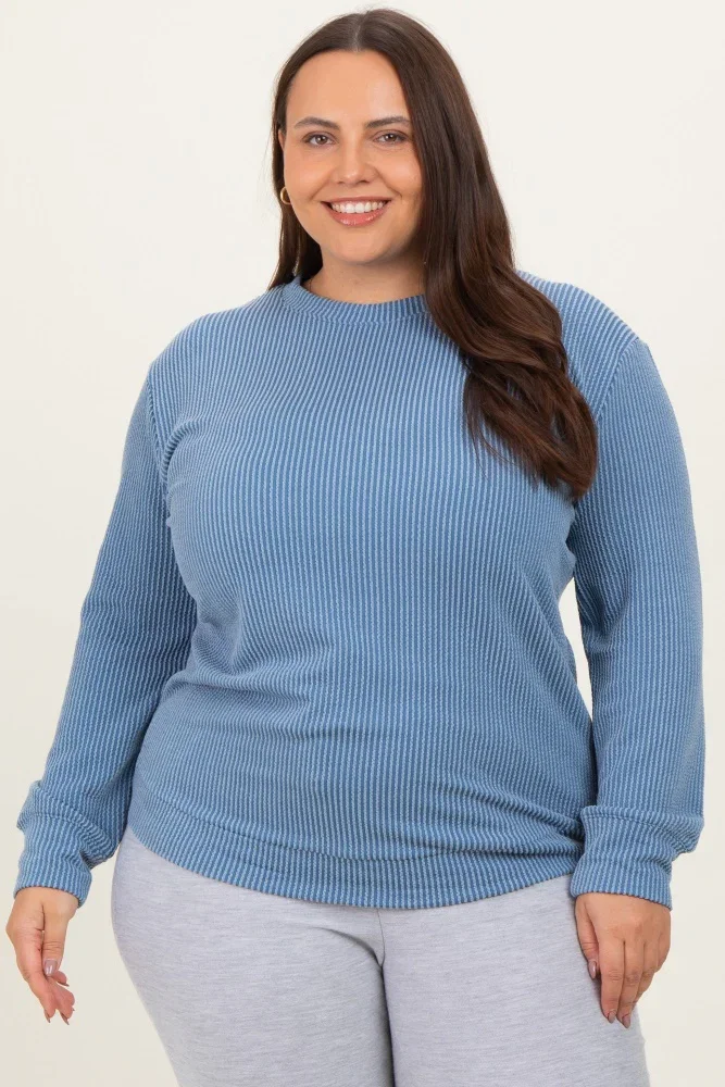 Image of Blue Textured Ribbed Long Sleeve Plus Top