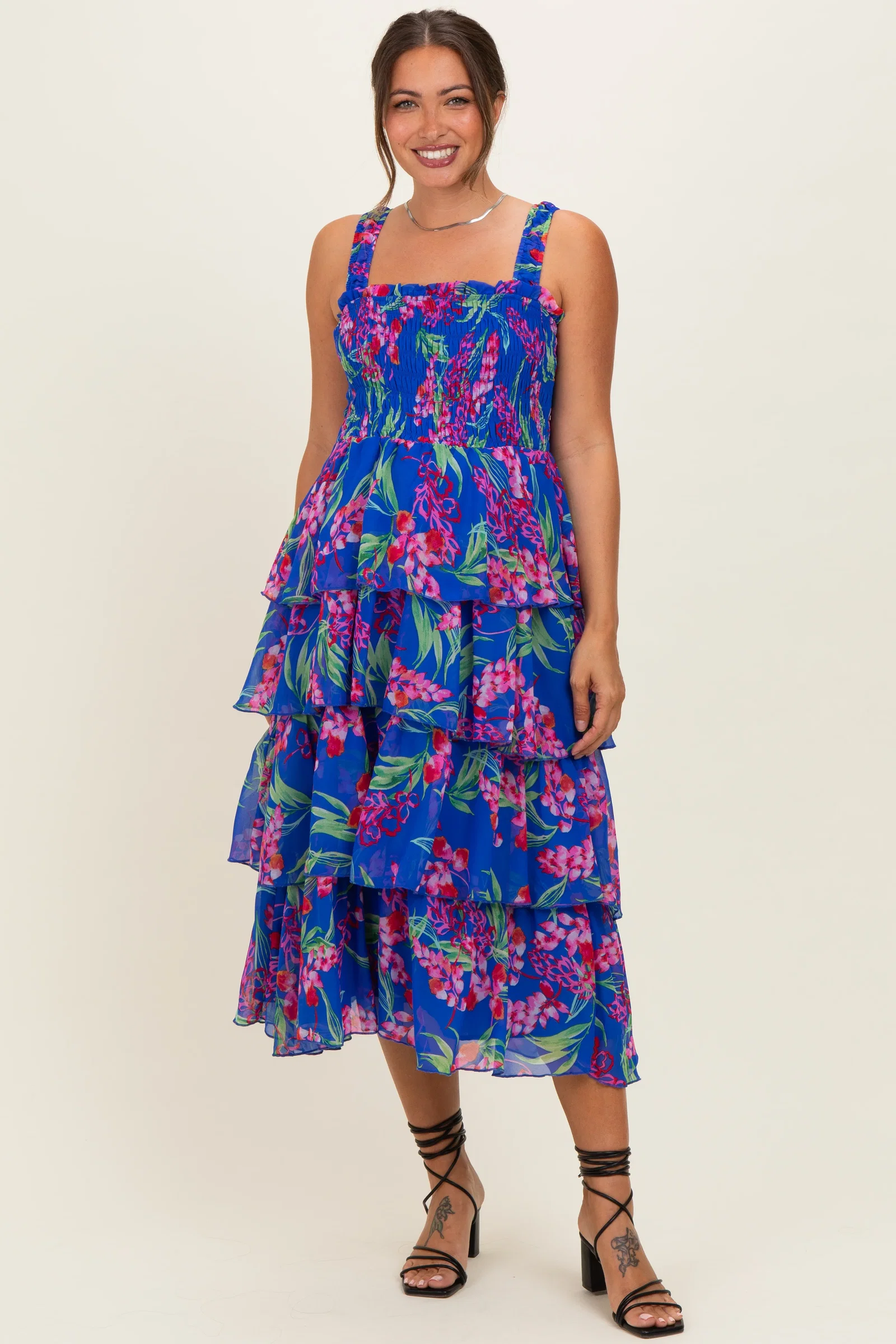 Image of Royal Blue Floral Smocked Tiered Maternity Midi Dress