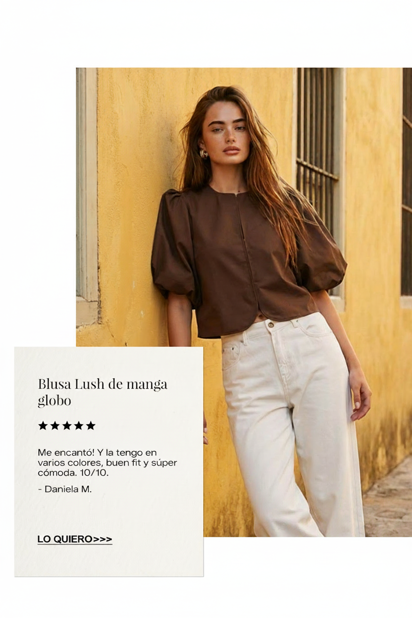 Woman in brown puff-sleeve blouse and white jeans leans against a yellow wall.