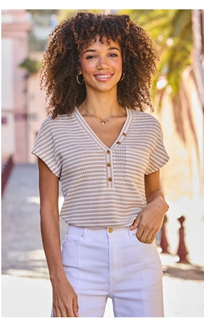 Taupe Stripe Textured Button Front Top