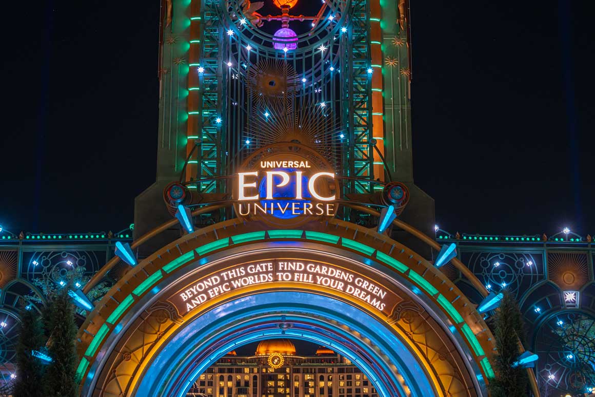 Universal Epic Universe Chronos Lit Up at Night