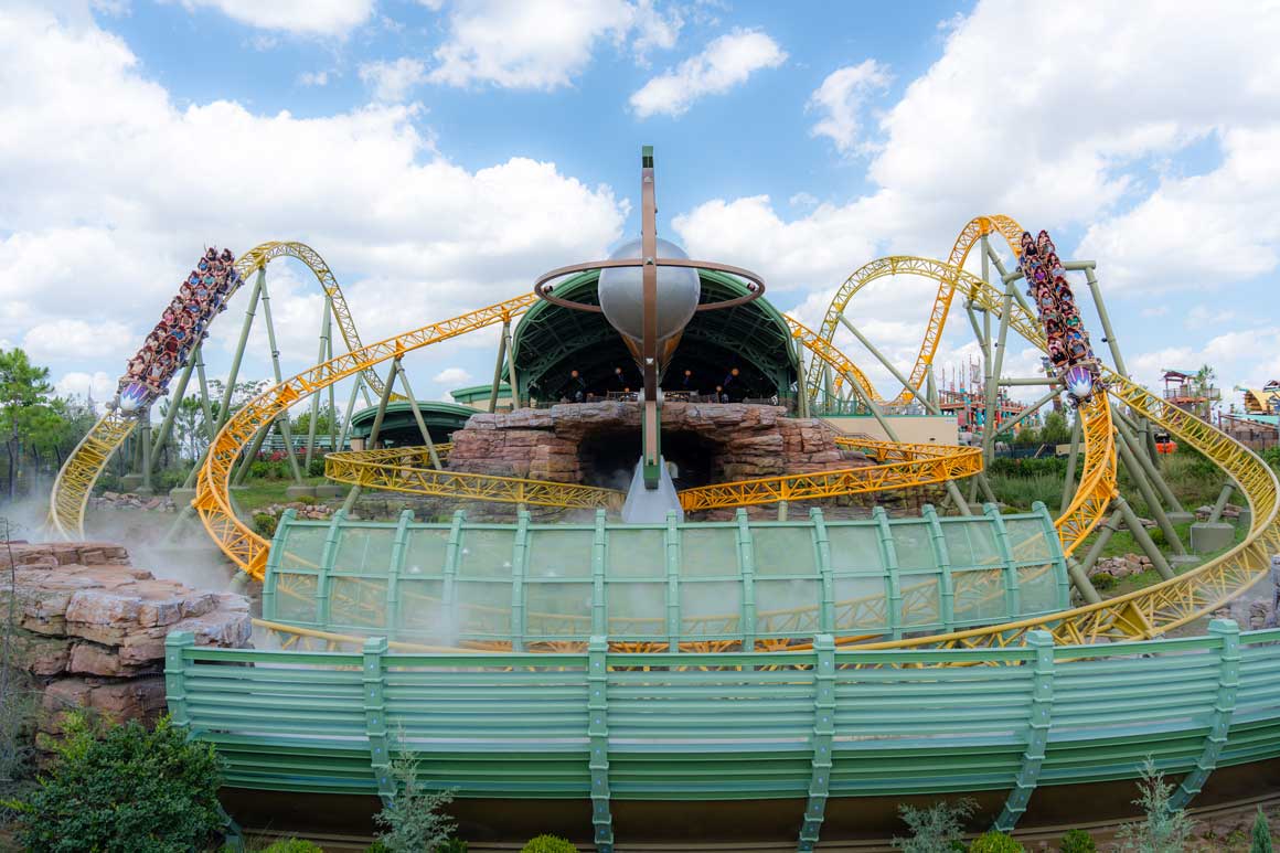 Dueling roller coaster vehicles on Stardust Racers Roller Coaster