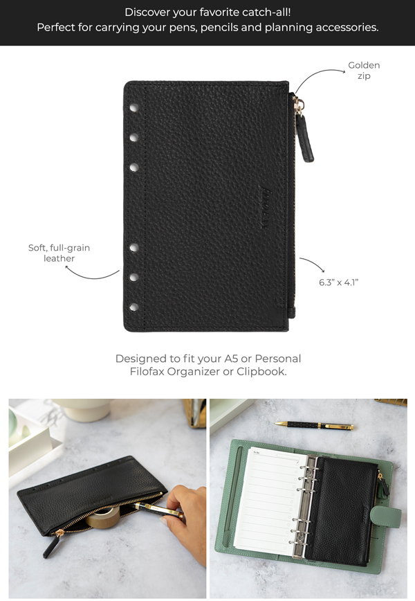 Discover your favorite catch-all! Perfect for carrying your pens, pencils and planning accessories. Golden zip - Soft, full-grain leather, 160 x 110 mm. Designed to fit your a5 or personal filofax organiser or clipbook.