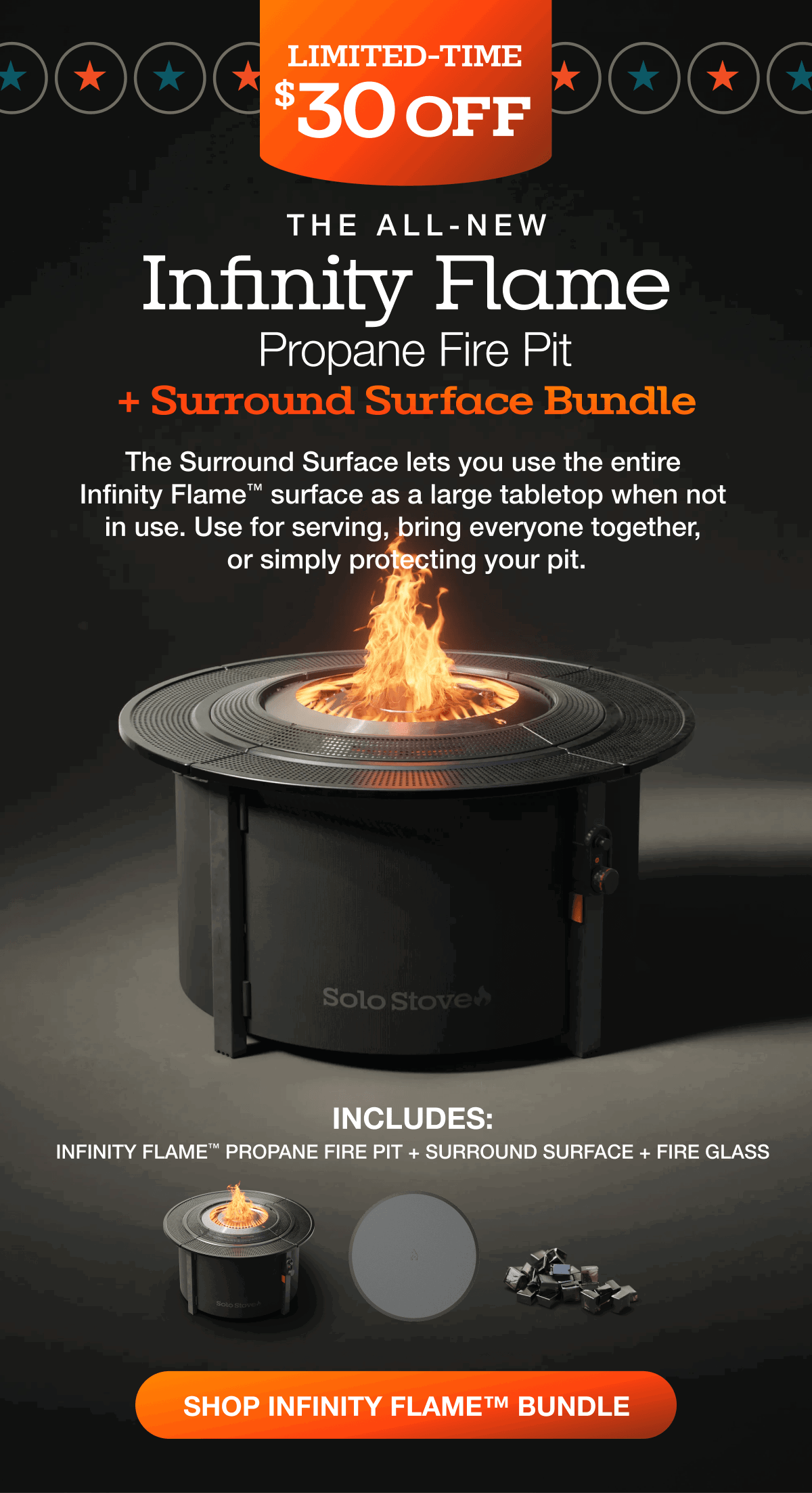 Infinity Flame Propane Fire Pit + Surround Surface Sale