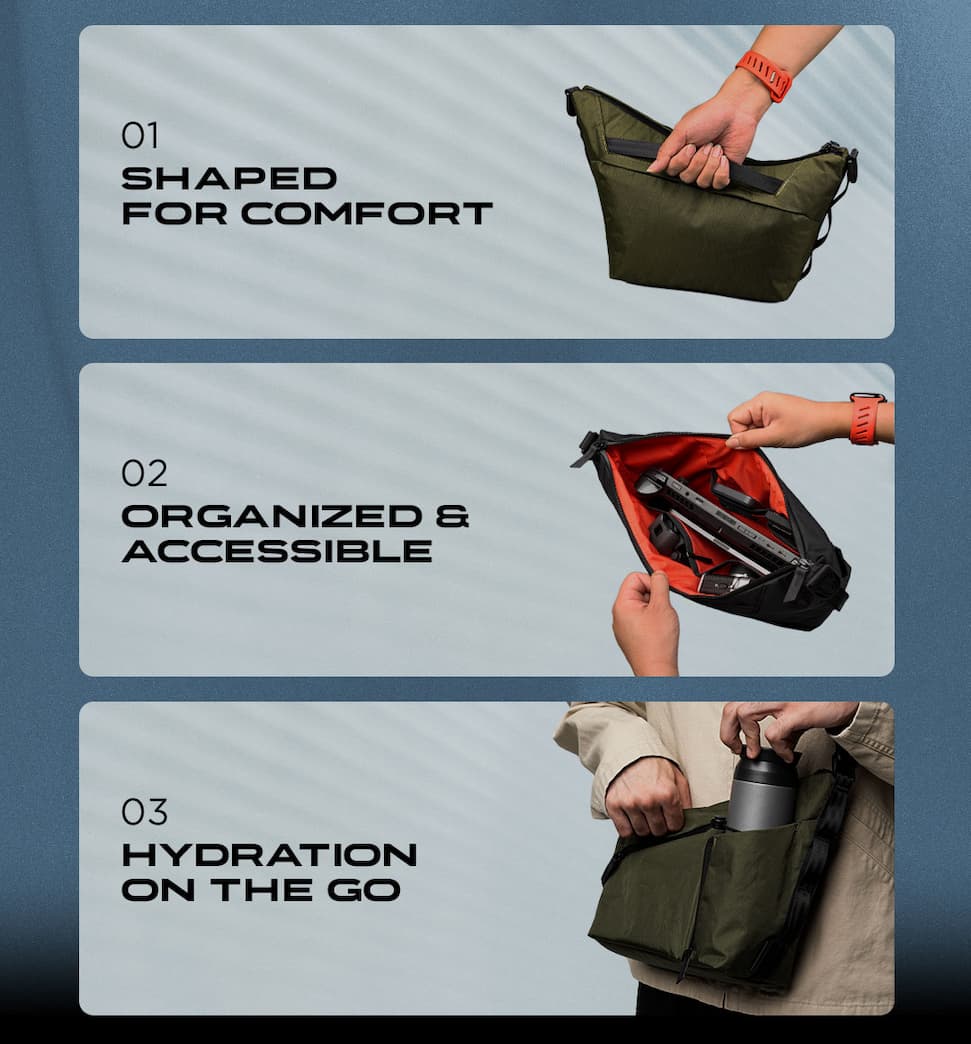 1. SHAPED FOR COMFORT 2. ORGANIZED & ACCESSIBLE 3. HYDRATION ON THE GO