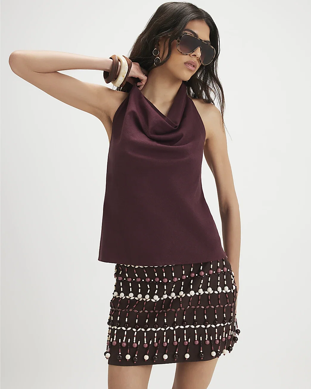 Womens Purple Linen Blend Cowl Neck Top