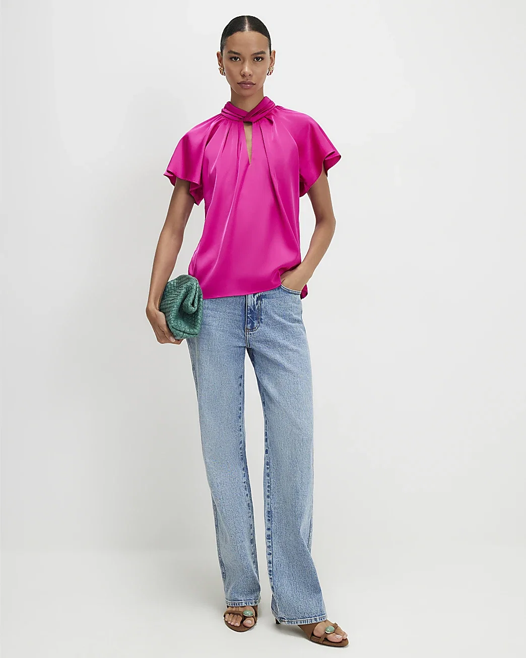 Womens Pink Angel Sleeve Twist Front Top