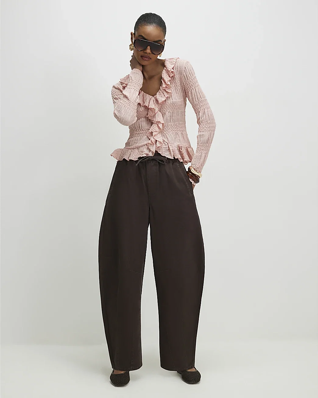 Womens Brown Elasticated Tapered Denim Trousers