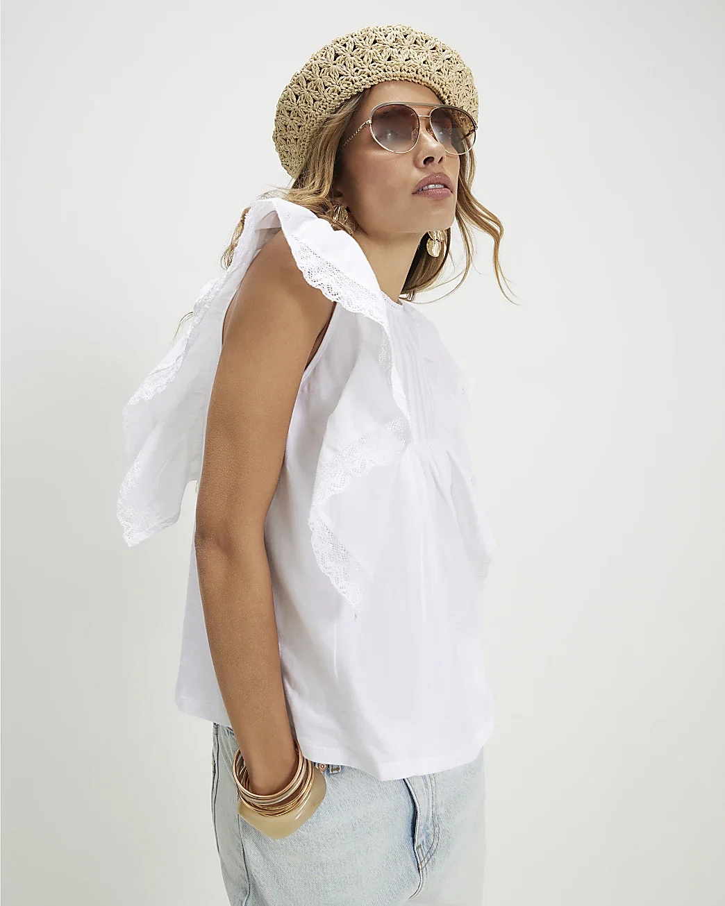 Womens White Cotton Frill Smock Jersey Blouse