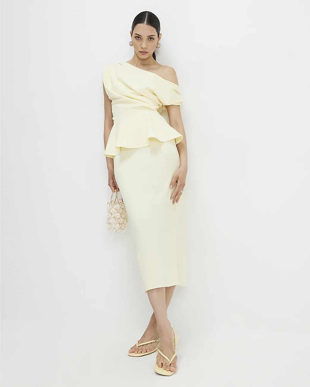 Womens Yellow Peplum Midi Dress