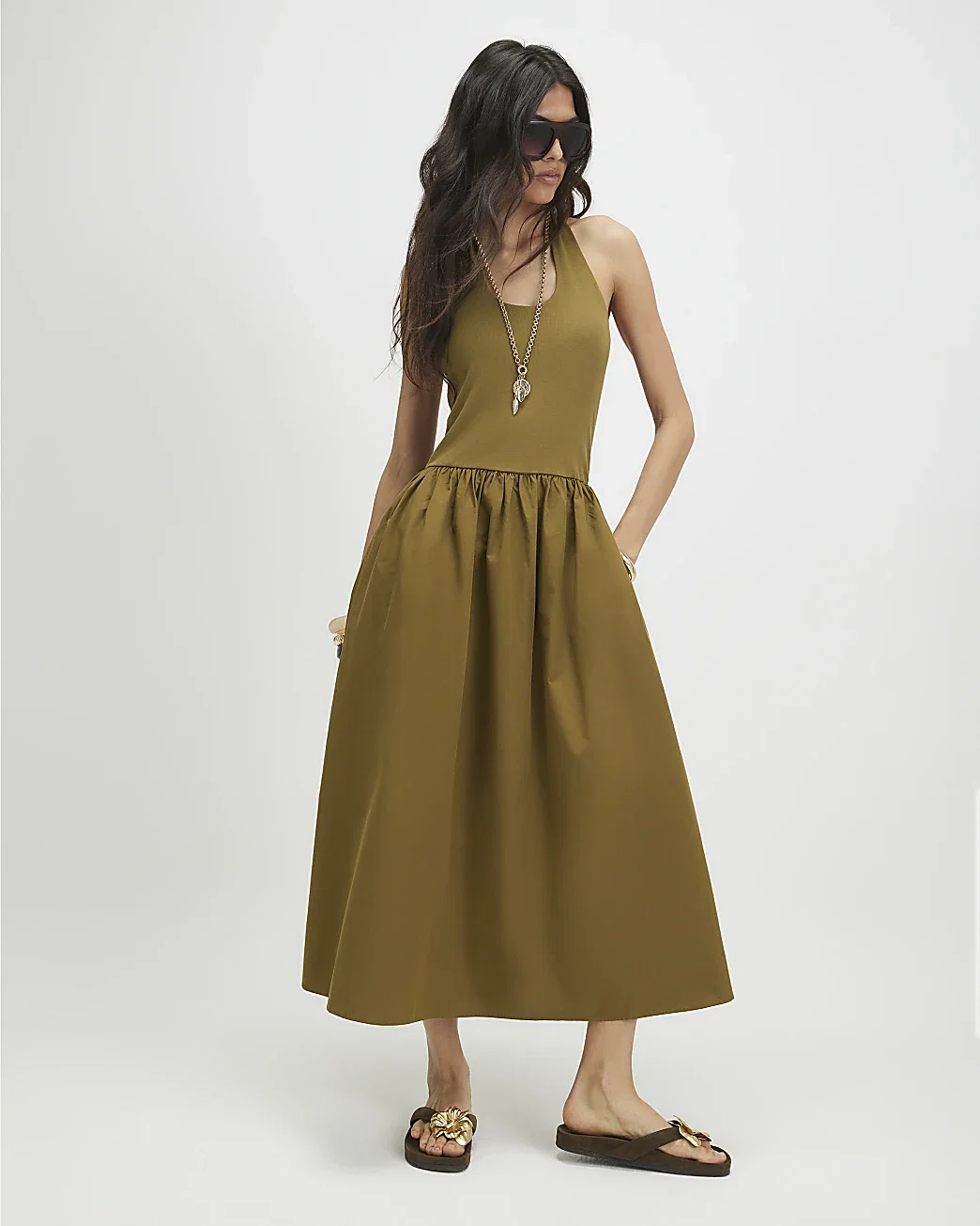 Womens Khaki Halter Neck Maxi Dress