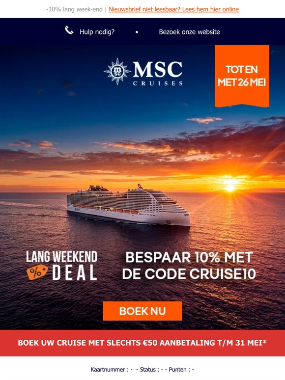 -10% op uw volgende cruise tijdens het lang weekend