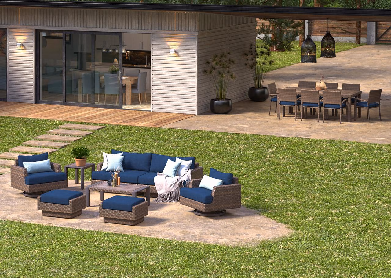 Shop Portofino® Repose 17 Piece Sunbrella® Outdoor Motion Wood Estate Set