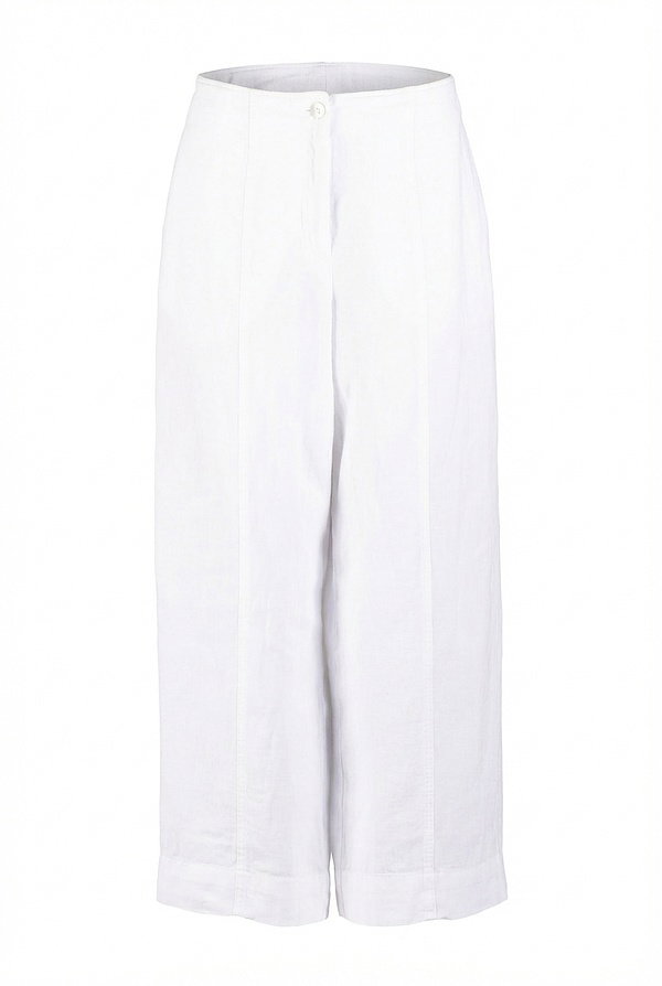 These trousers, made from heavy linen, feature a wide leg that extends to the ankle, creating a relaxed, flowing silhouette. Two large, statement patch pockets at the back accentuate the trousers' laid-back look. The elasticated waistband at the back ensures a comfortable fit.