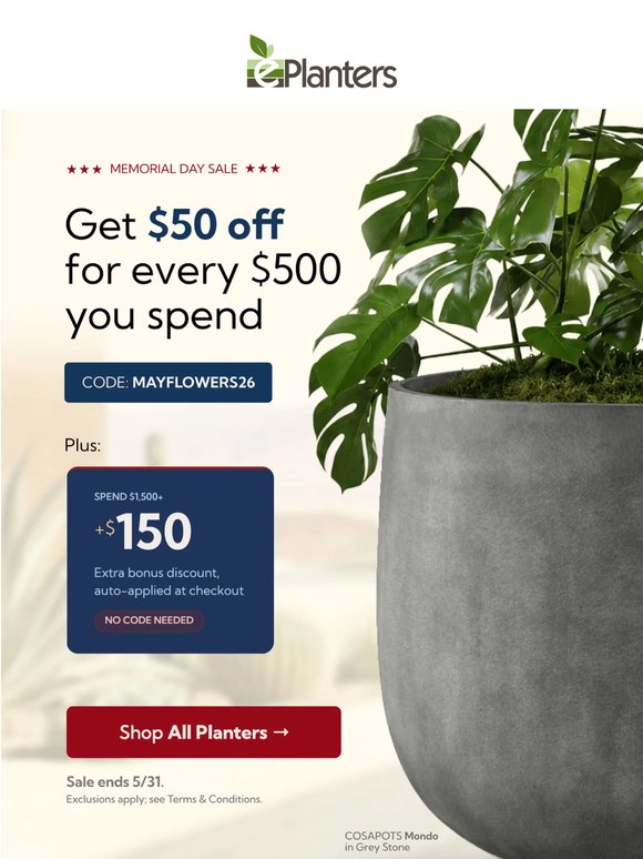Memorial Day: $50 OFF every $500 + Bonus at $1,500