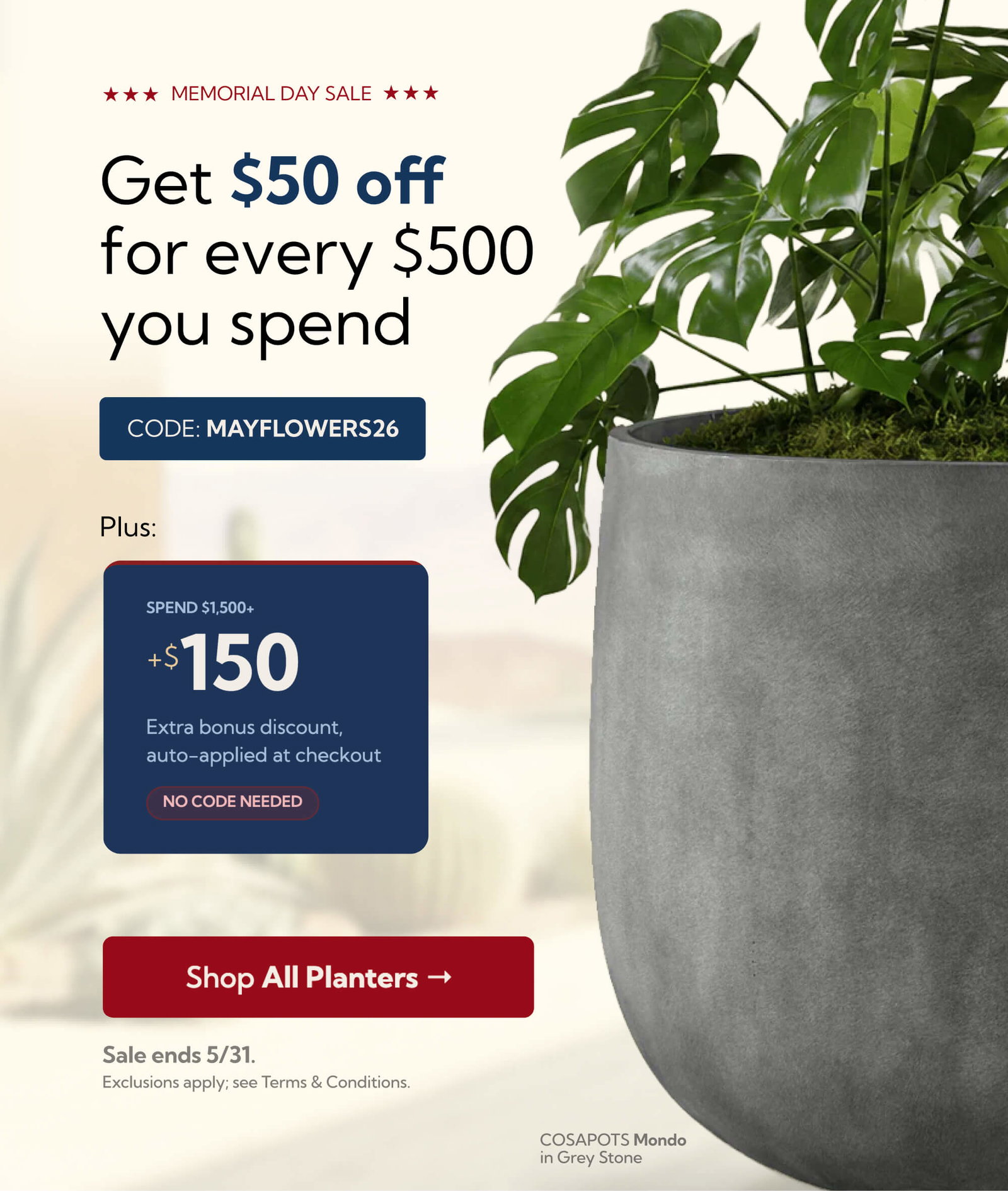 Memorial Day Sale – Get $50 off for every $500 you spend