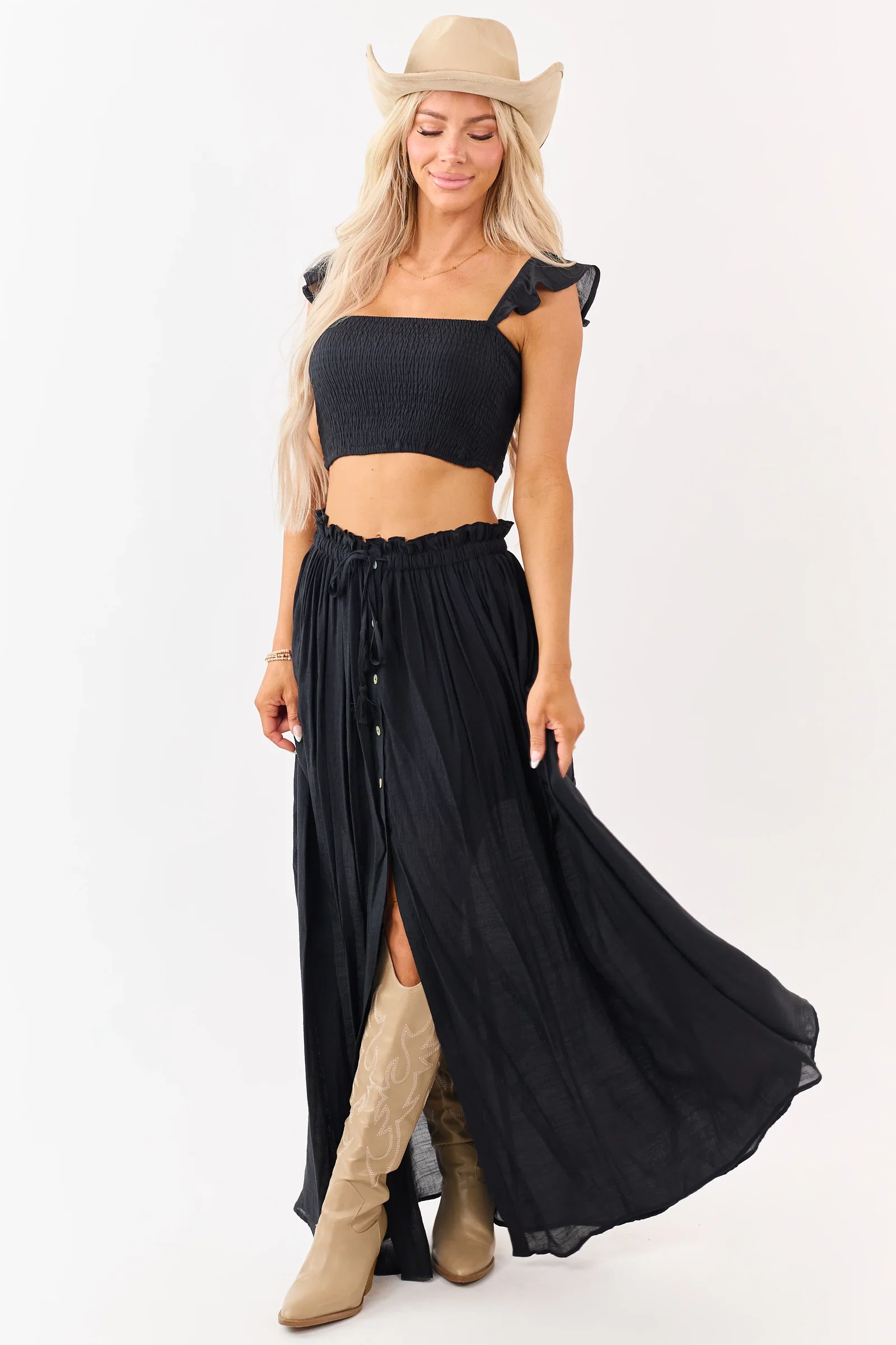 Image of Black Maxi Skirt and Smocked Crop Top Set
