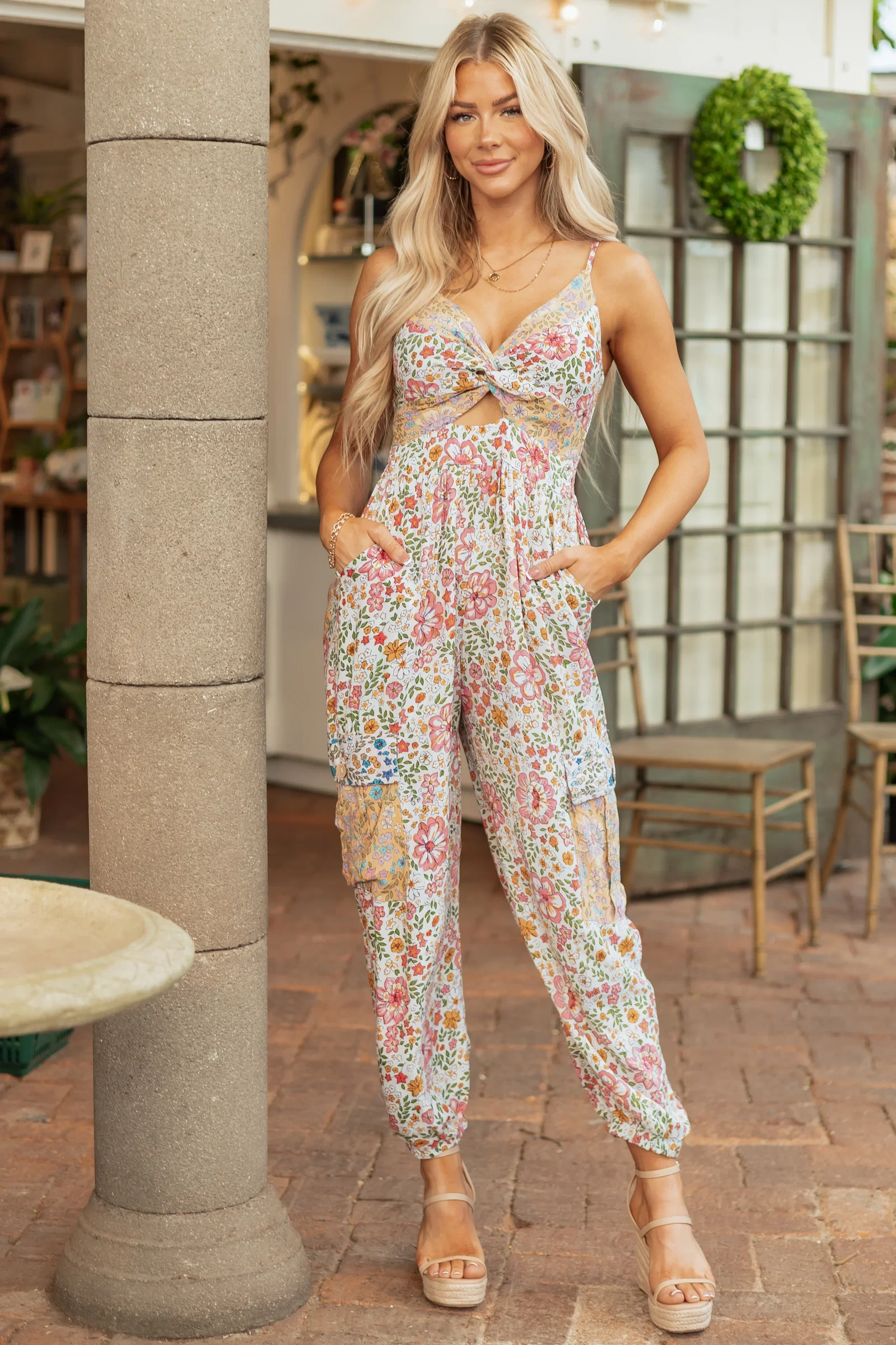 Image of Vanilla Floral Front Twist Cargo Pocket Jumpsuit
