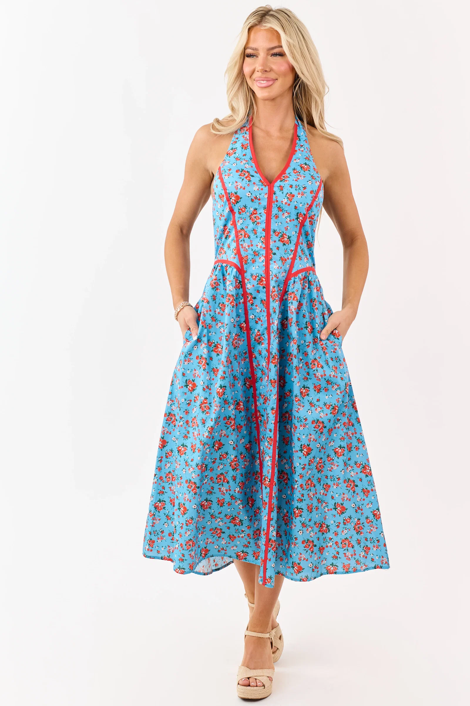 Image of Entro Cornflower Floral Print Cotton Midi Dress