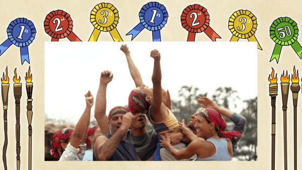 A photo of contestants from Survivor cheering, surrounded by cartoon illustrations of prize ribbons and torches. 