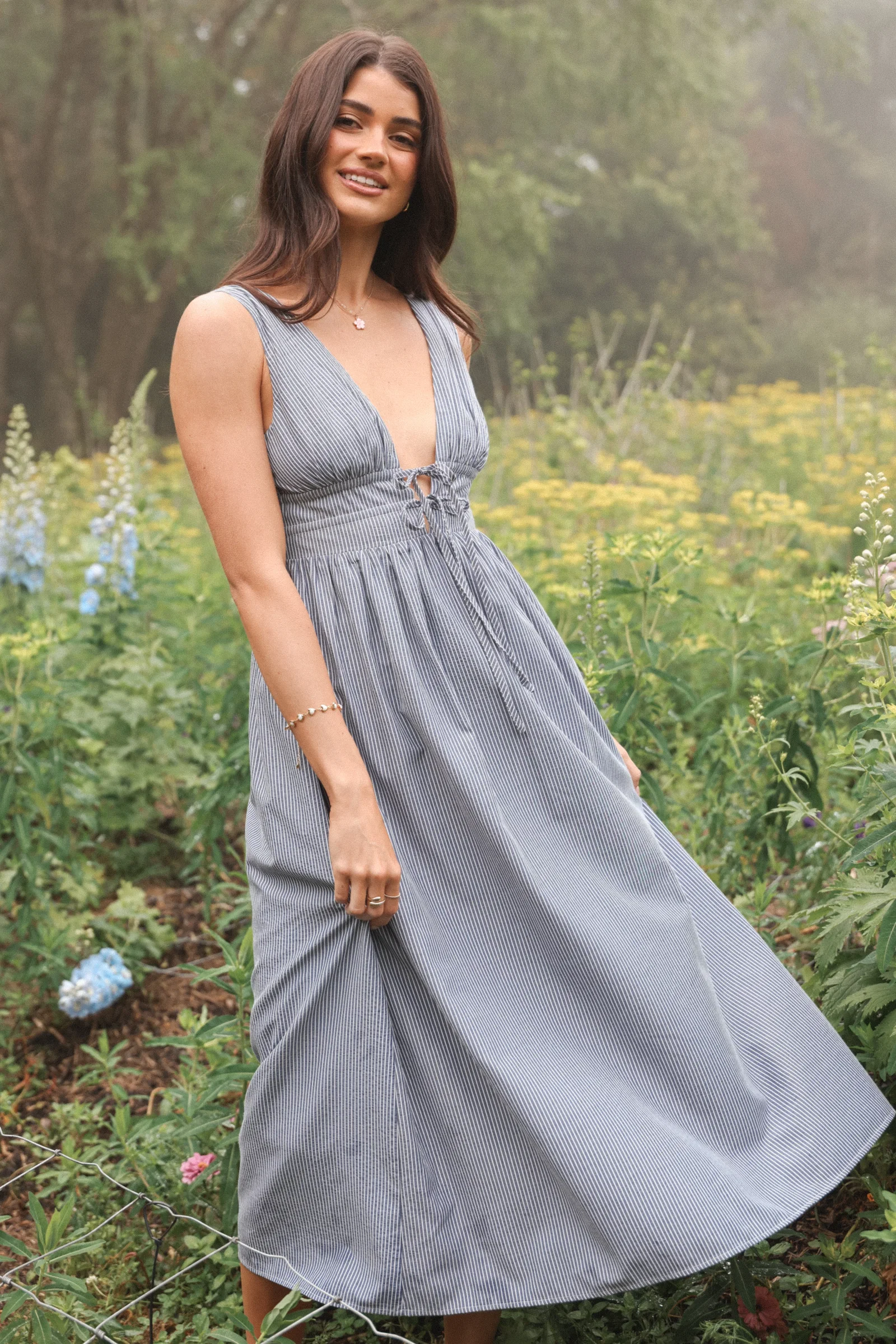 Image of Annora Midi Dress - Navy Pinstripe