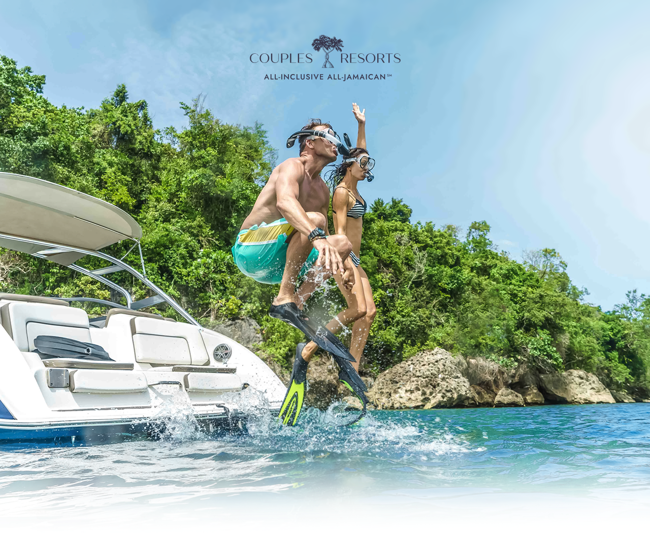 a man and woman jumping off a boat