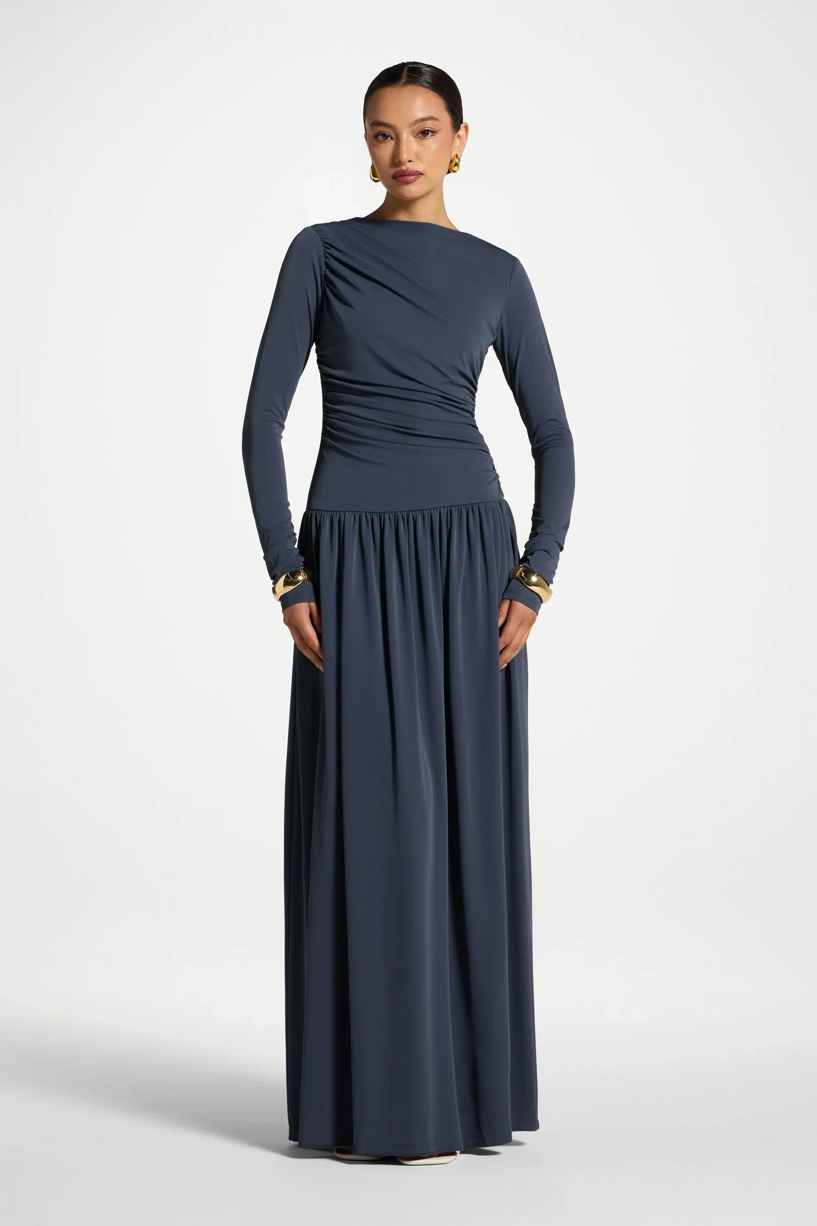 Image of Boat Neck Rouched Maxi Dress - Dusk