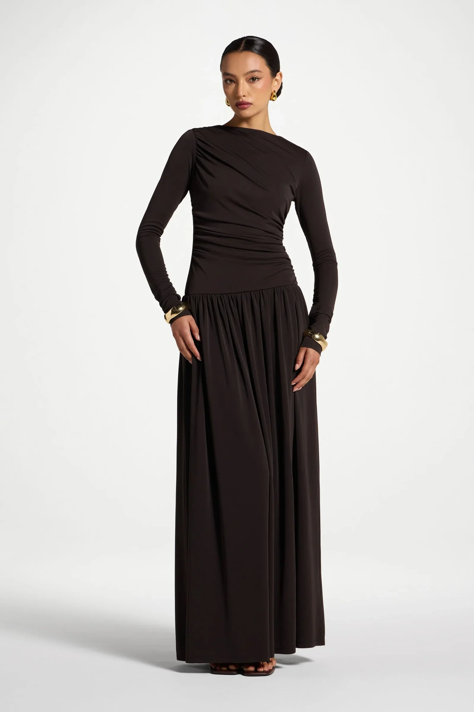 Image of Boat Neck Rouched Maxi Dress - Chocolate Torte
