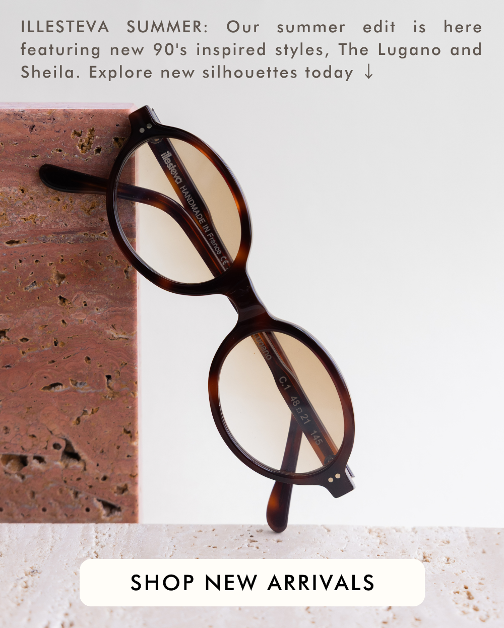 A product-focused graphic featuring the Lugano sunglasses. The frames are a classic dark tortoise-shell oval shape with light amber lenses, shown propped against a textured pink stone slab. Text at the top reads: 