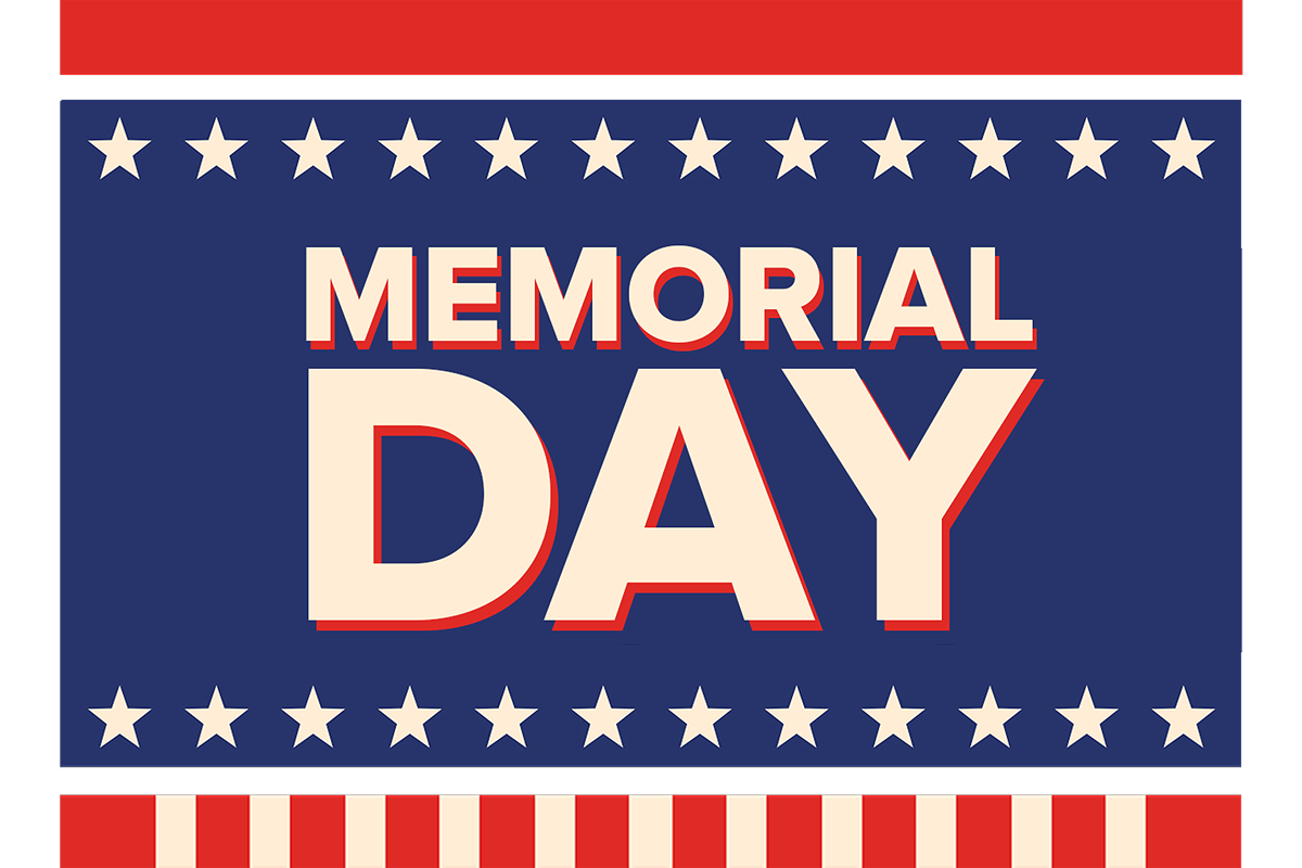 Memorial Day banner with text in cream and red, framed by stars and stripes in red, white, and blue.