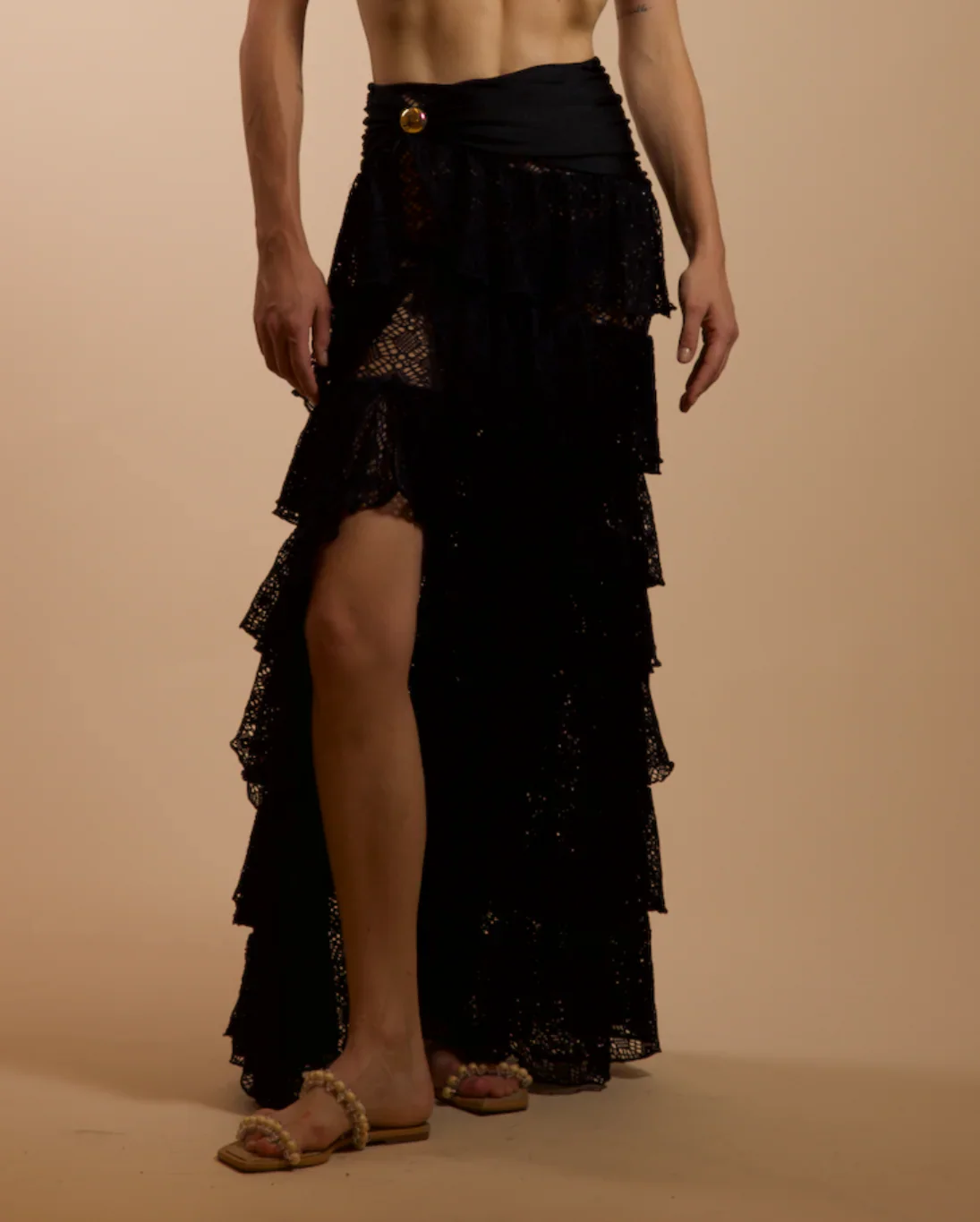 Image of  Martina Lycra Ruffle Maxi Skirt - Black
