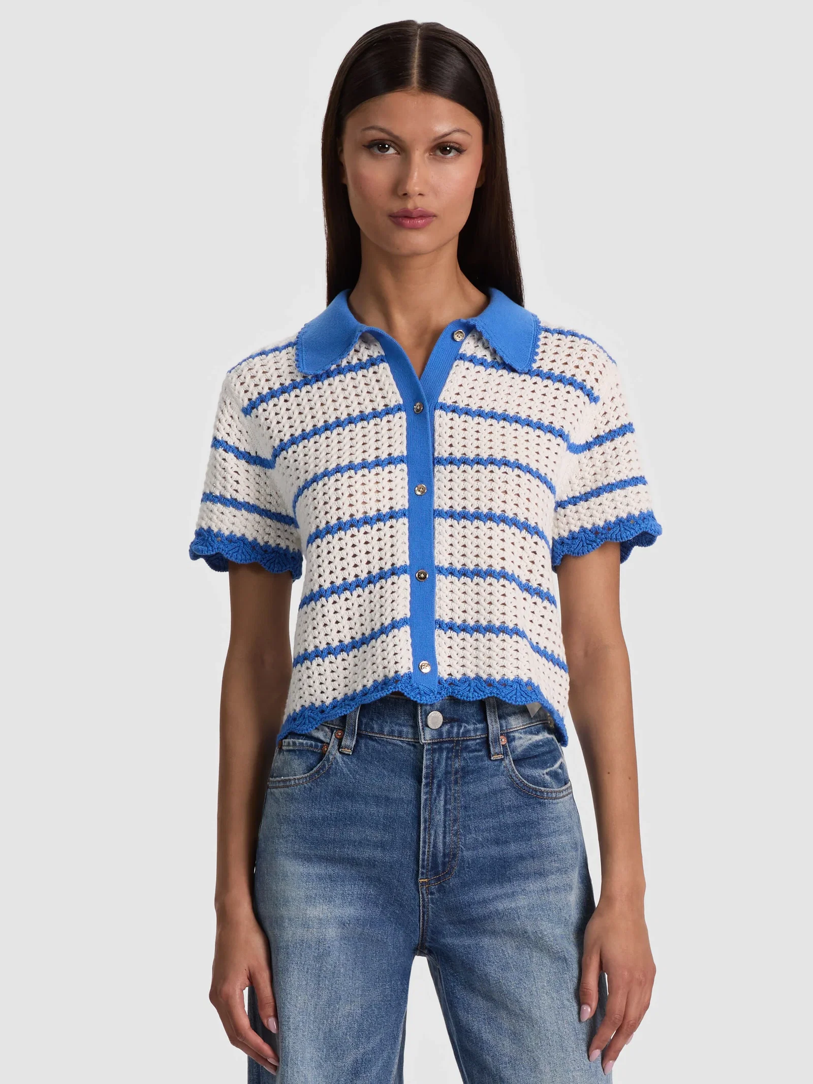 Image of  Randall Pointelle Polo Cardi - Blue Iris/White