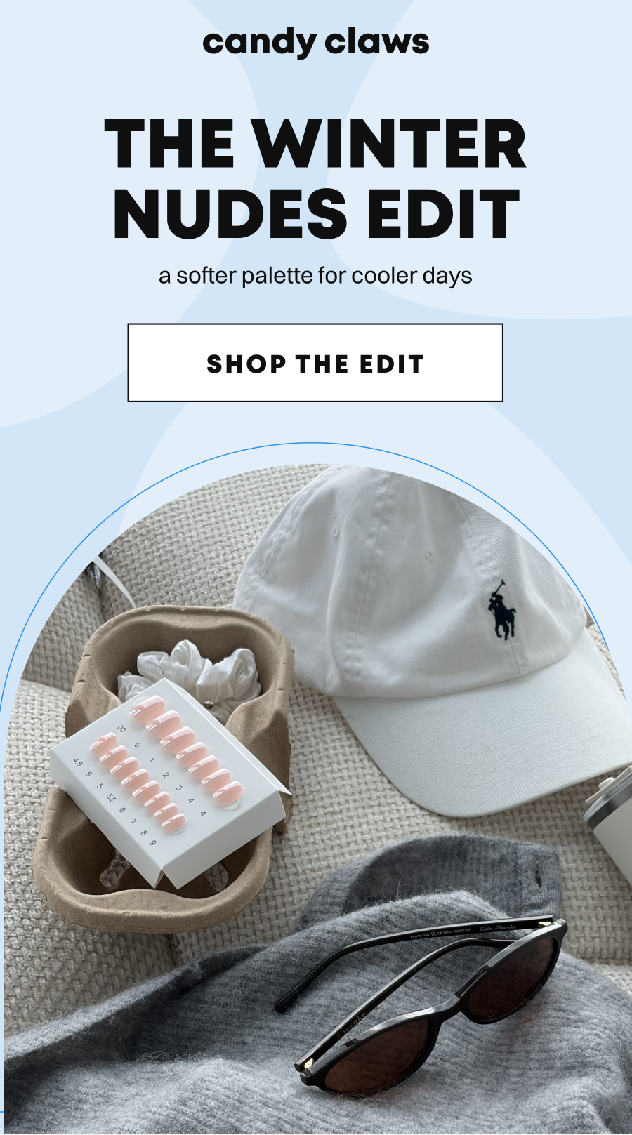 Winter nudes nail collection featuring soft pink press-on nails displayed with white cap, sunglasses and towel