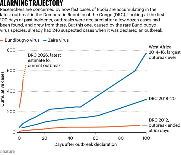 An infographic comparing the number of cases in the current outbreak of Ebola with those of three previous outbreaks. The number of cases has risen much more sharply in the current outbreak than in previous ones.
