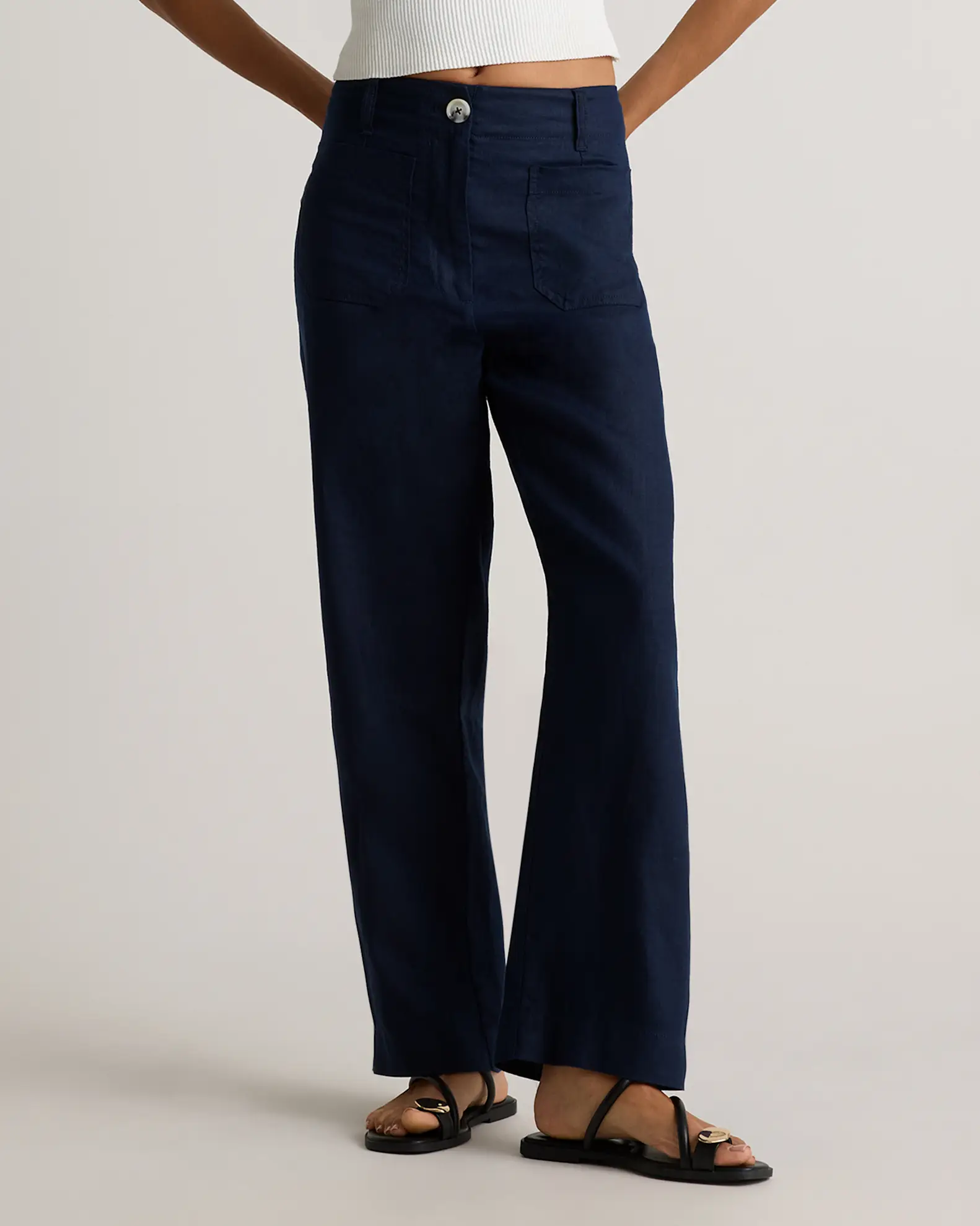 100% European Linen Patch Pocket Wide Leg Pants
