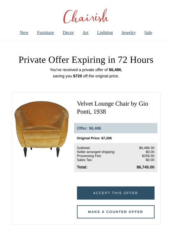 You have a private offer from a seller on Velvet Lounge Chair by Gio Ponti, 1938