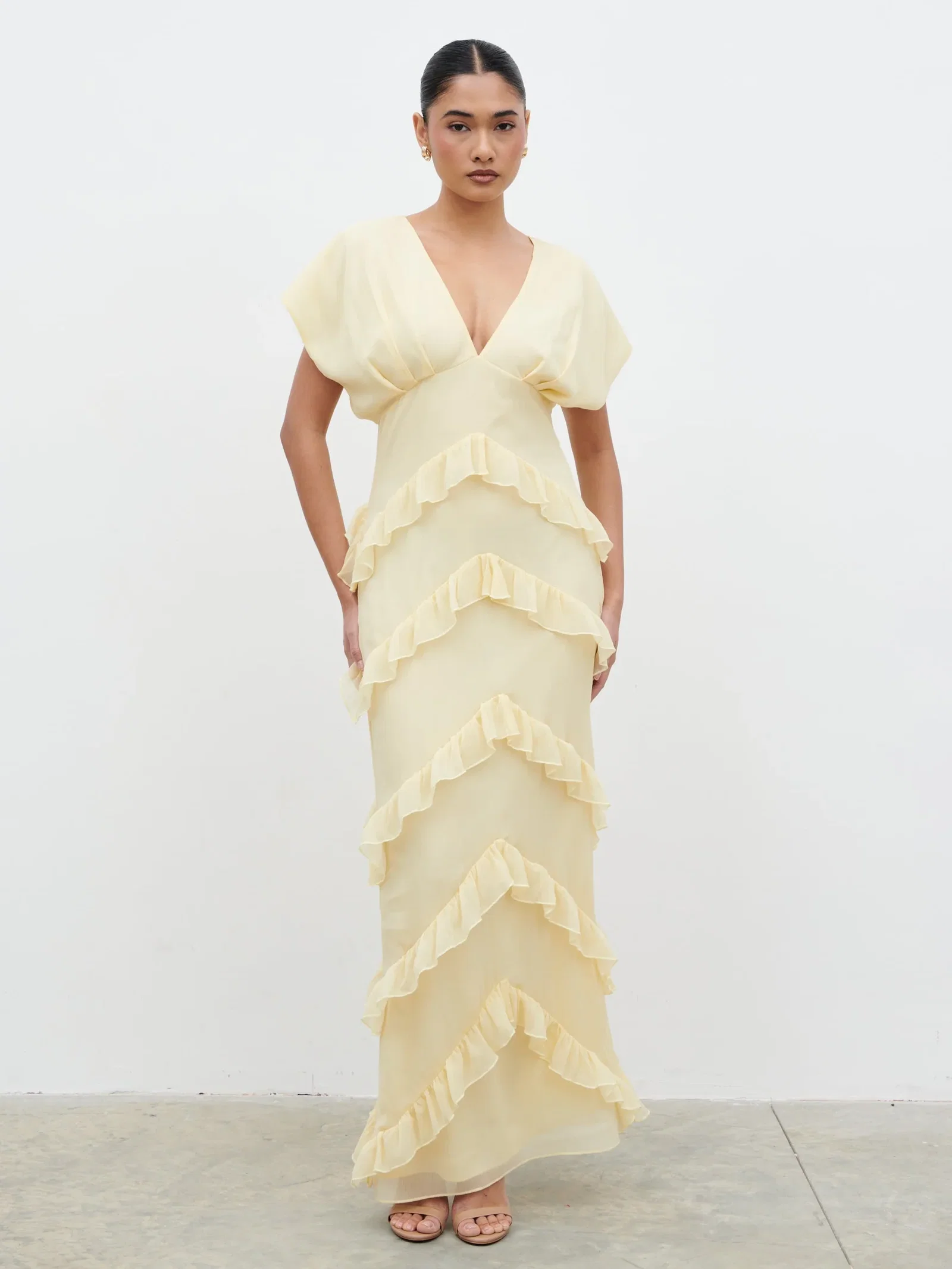 Image of Tamsin Ruffle Chiffon Maxi Dress - Lemon