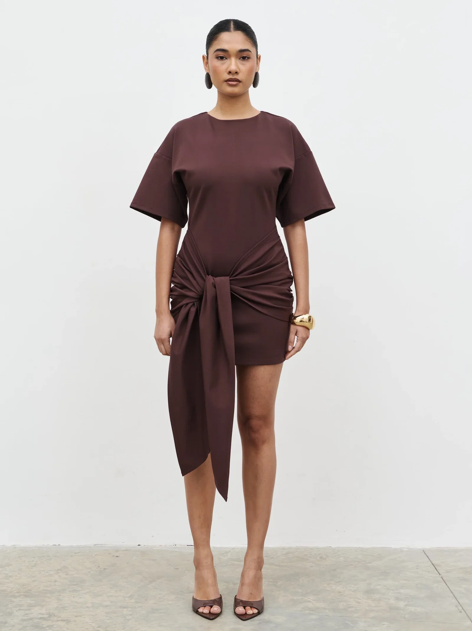 Image of Olivia Jersey Knot Mini Dress - Brown