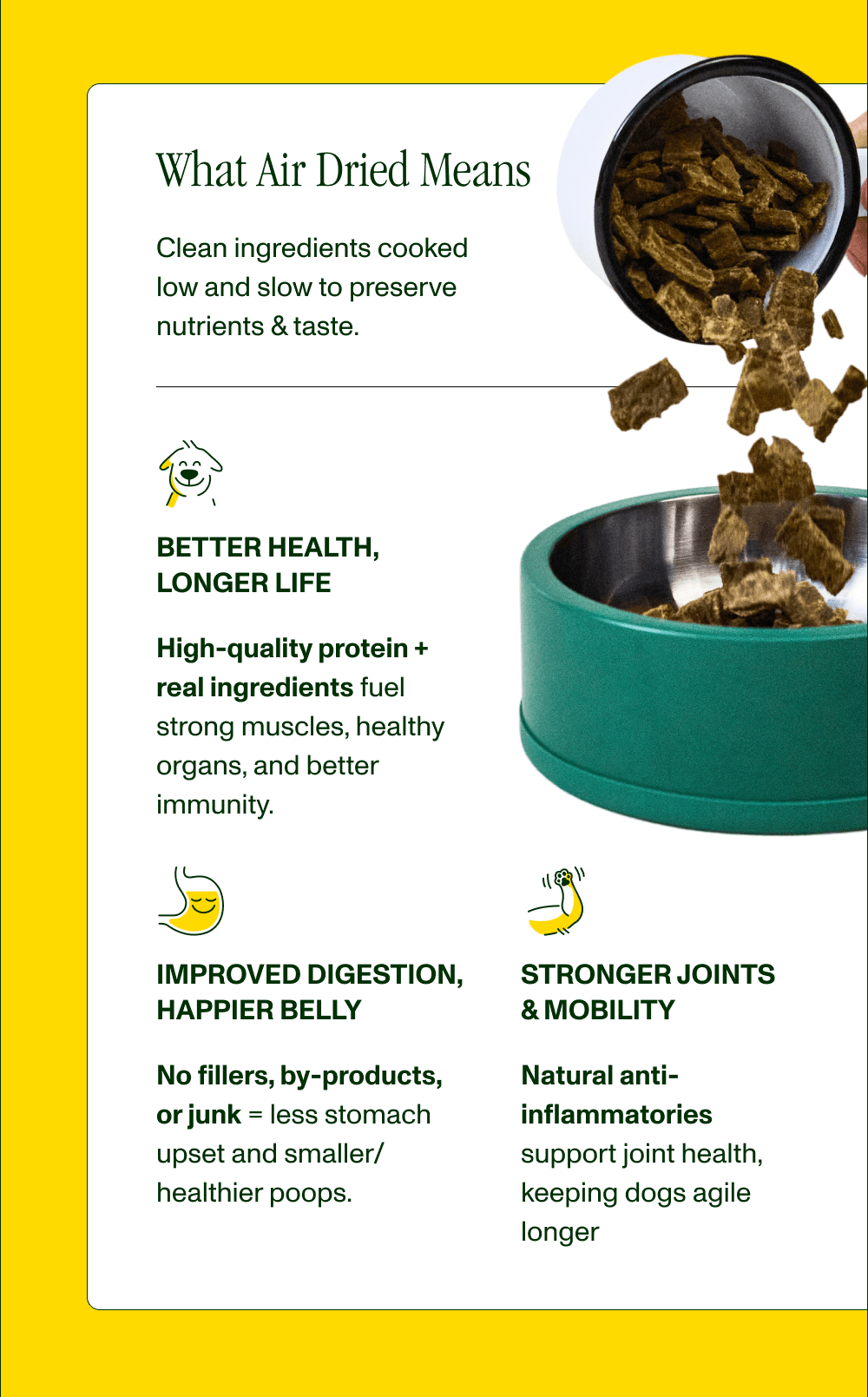 What Air Dried Means Clean ingredients cooked low and slow to preserve nutrients & taste.    BETTER HEALTH, LONGER LIFE High-quality protein + real ingredients fuel strong muscles, healthy organs, and better immunity.   IMPROVED DIGESTION, HAPPIER BELLY  No fillers, by-products, or junk = less stomach upset and smaller/ healthier poops.  STRONGER JOINTS & MOBILITY Natural anti- inflammatories support joint health, keeping dogs agile longer