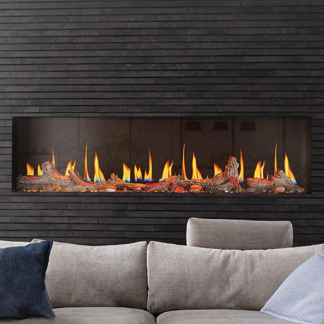 Modern electric fireplace with decorative logs.