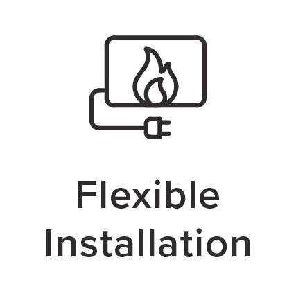 Icon of flame and plug, text: Flexible Installation