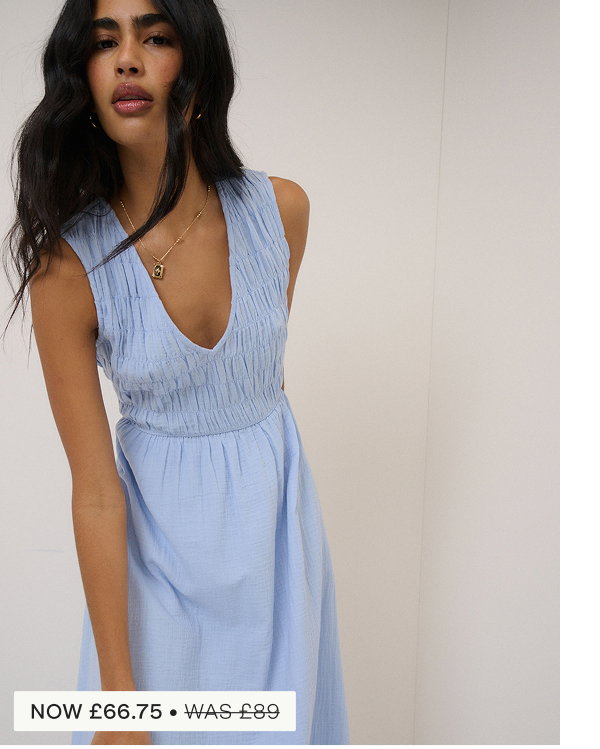 Blue Ruched Sleeveless Audrey Midi Dress