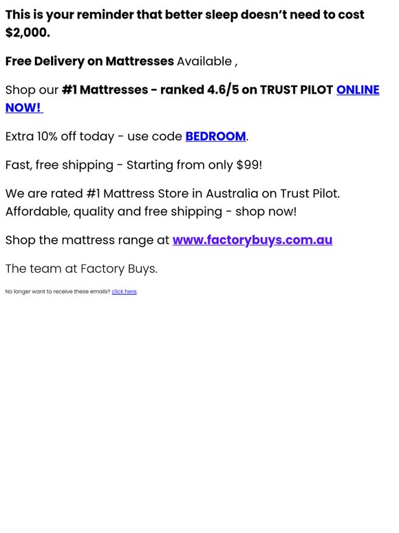 RE: Still Sleeping On It? EXTRA 10% OFF MATTRESSES ⚠️ FREE DELIVERY ⚠️ #1 MATTRESS STORE ON TRUST PILOT