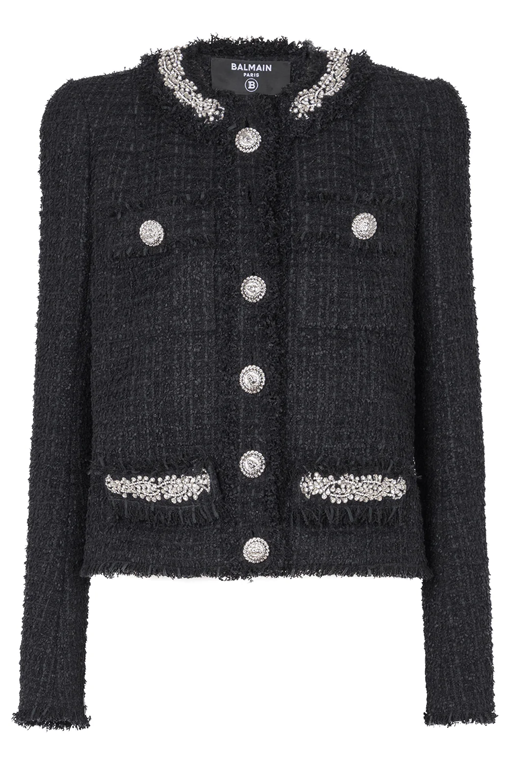 Image of embellished collarless side to side jacket