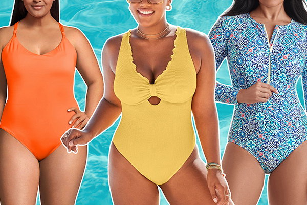 Variety of one-piece swimsuit styles being modeled.